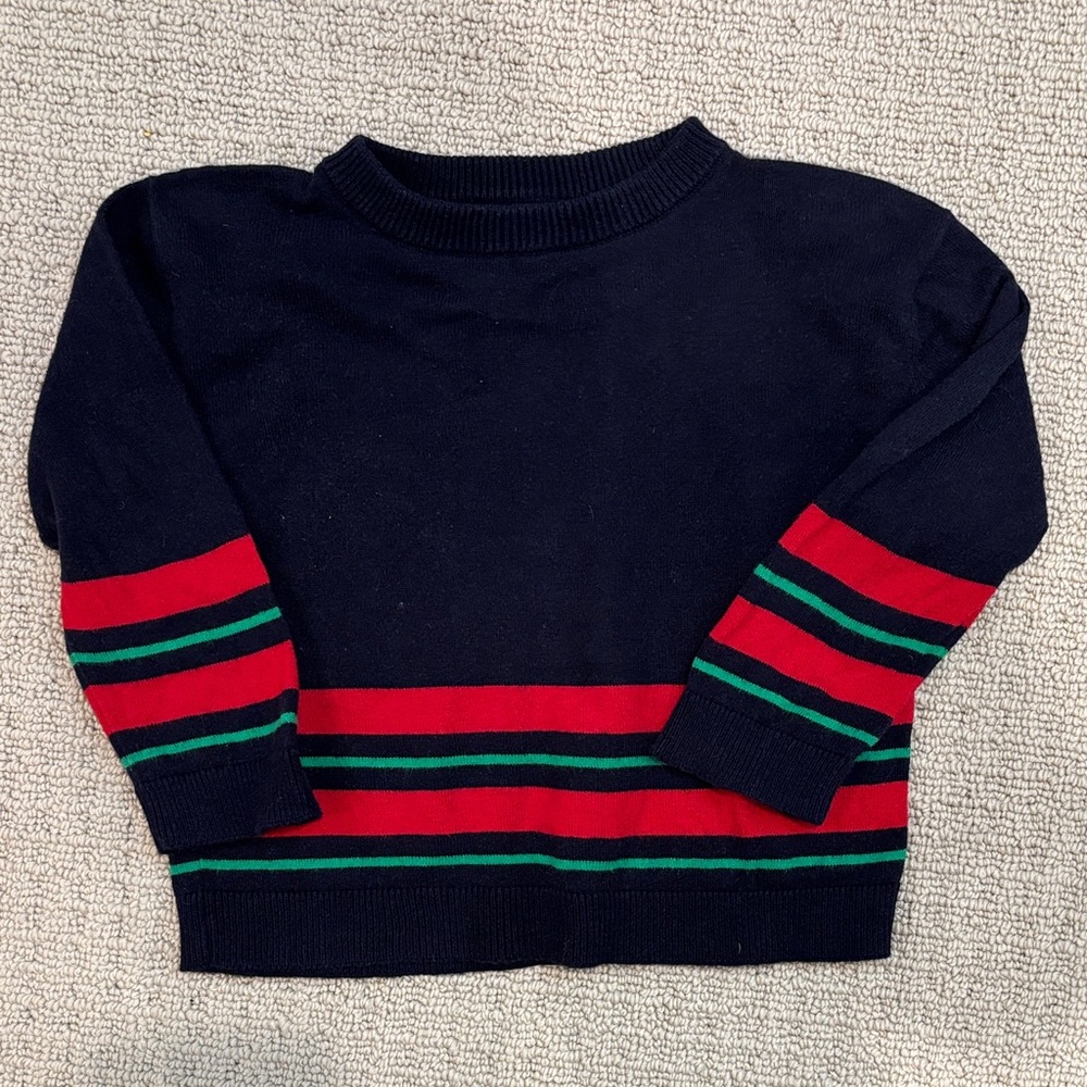 Florence Eiseman Navy Holiday Sweater with Red & Green Stripes
